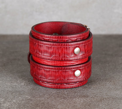 handmade  wide red leather bracelet close up