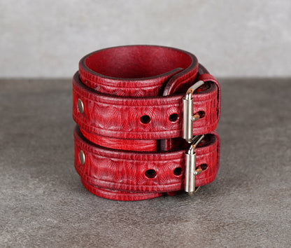 handmade  wide red leather bracelet close up