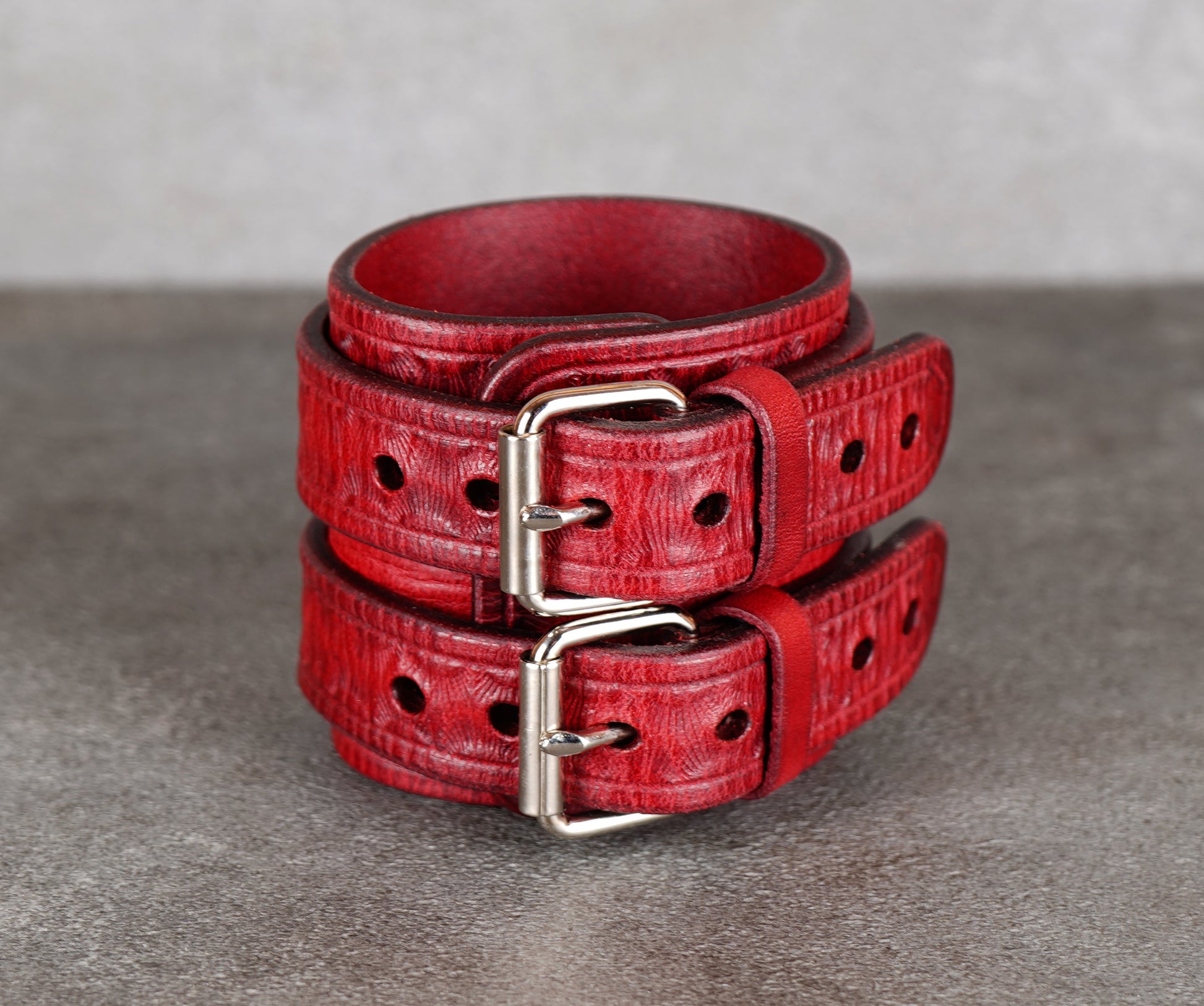 handmade  wide red leather bracelet close up