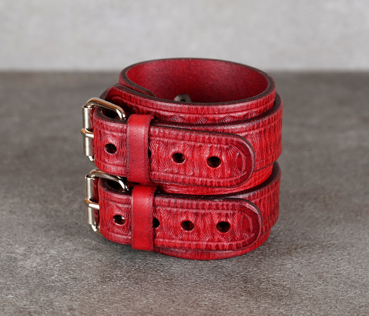 handmade  wide red leather bracelet close up