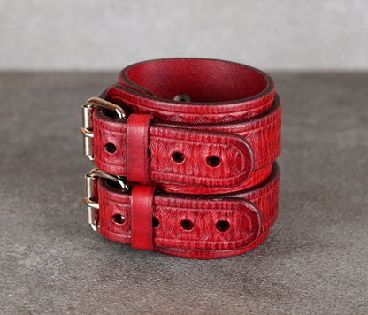 handmade  wide red leather bracelet close up