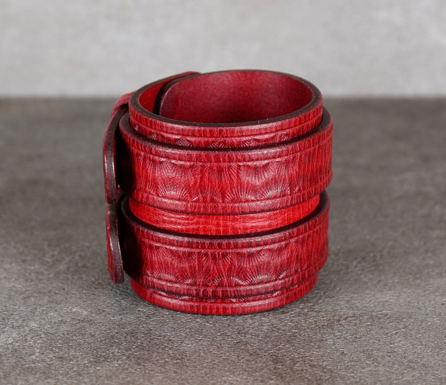 handmade  wide red leather bracelet close up