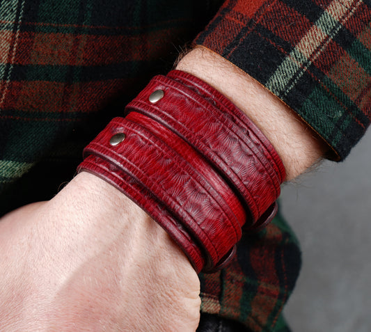 handmade  wide red leather bracelet close up