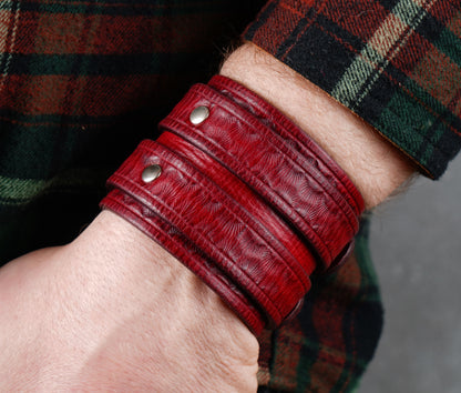 handmade  wide red leather bracelet close up