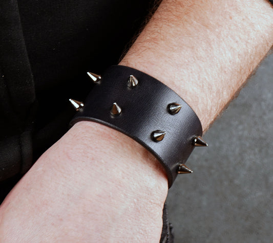 black studded leather bracelet punk rock wristband unisex genuine leather cuff with metal studs