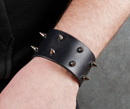 black studded leather bracelet punk rock wristband unisex genuine leather cuff with metal studs