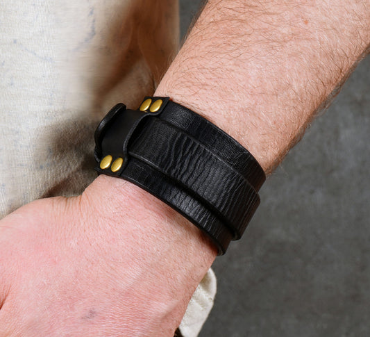 handmade black leather bracelet adjustable wrist cuff minimalist unisex design