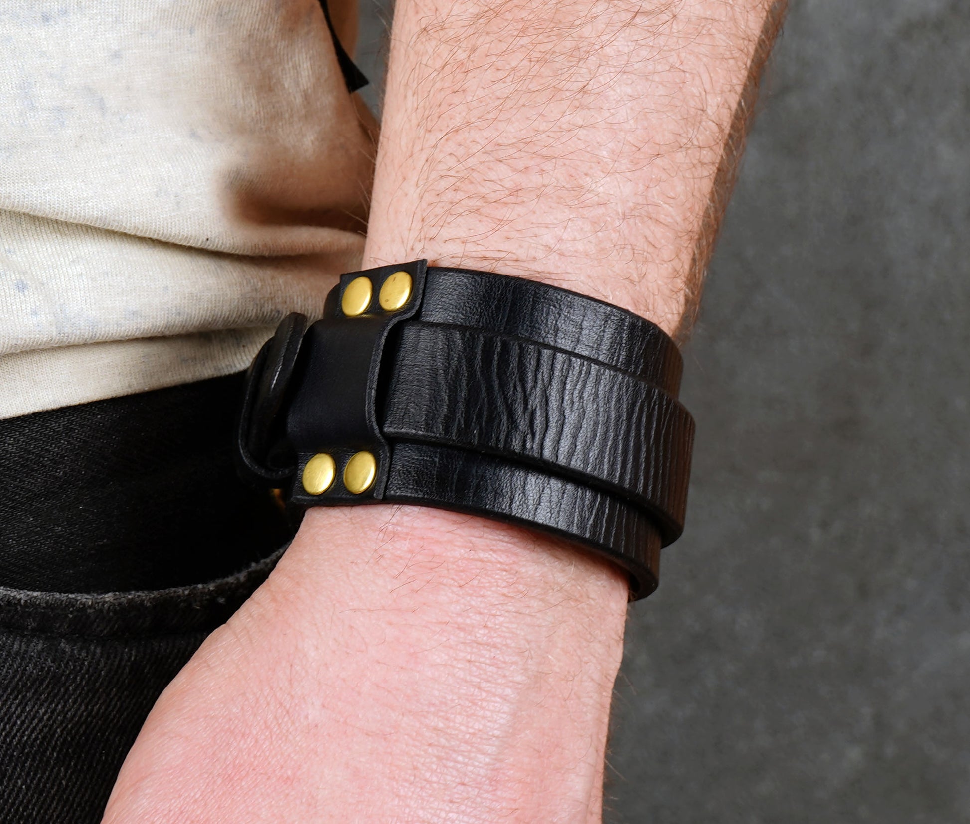 handmade black leather bracelet adjustable wrist cuff minimalist unisex design
