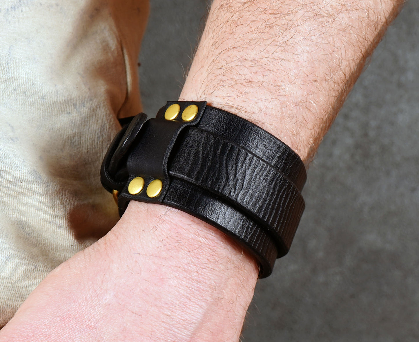 handmade black leather bracelet adjustable wrist cuff minimalist unisex design