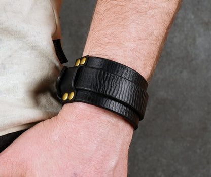 handmade black leather bracelet adjustable wrist cuff minimalist unisex design