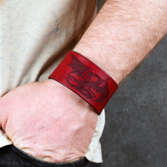 red dragon leather bracelet handmade vegetable tanned fixed size wristband