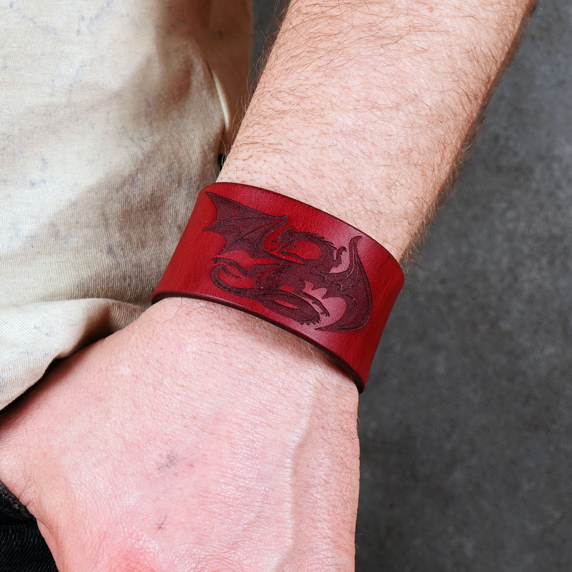 red dragon leather bracelet handmade vegetable tanned fixed size wristband
