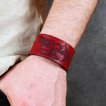 red dragon leather bracelet handmade vegetable tanned fixed size wristband