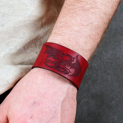 red dragon leather bracelet handmade vegetable tanned fixed size wristband