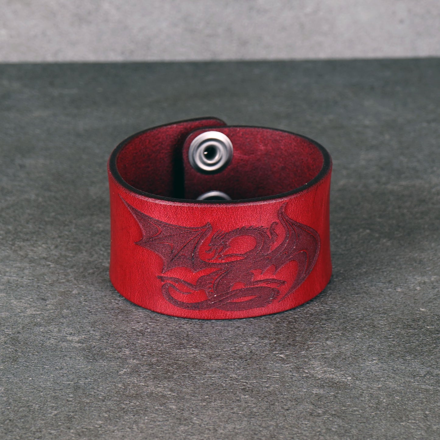 red dragon leather bracelet handmade vegetable tanned fixed size wristband