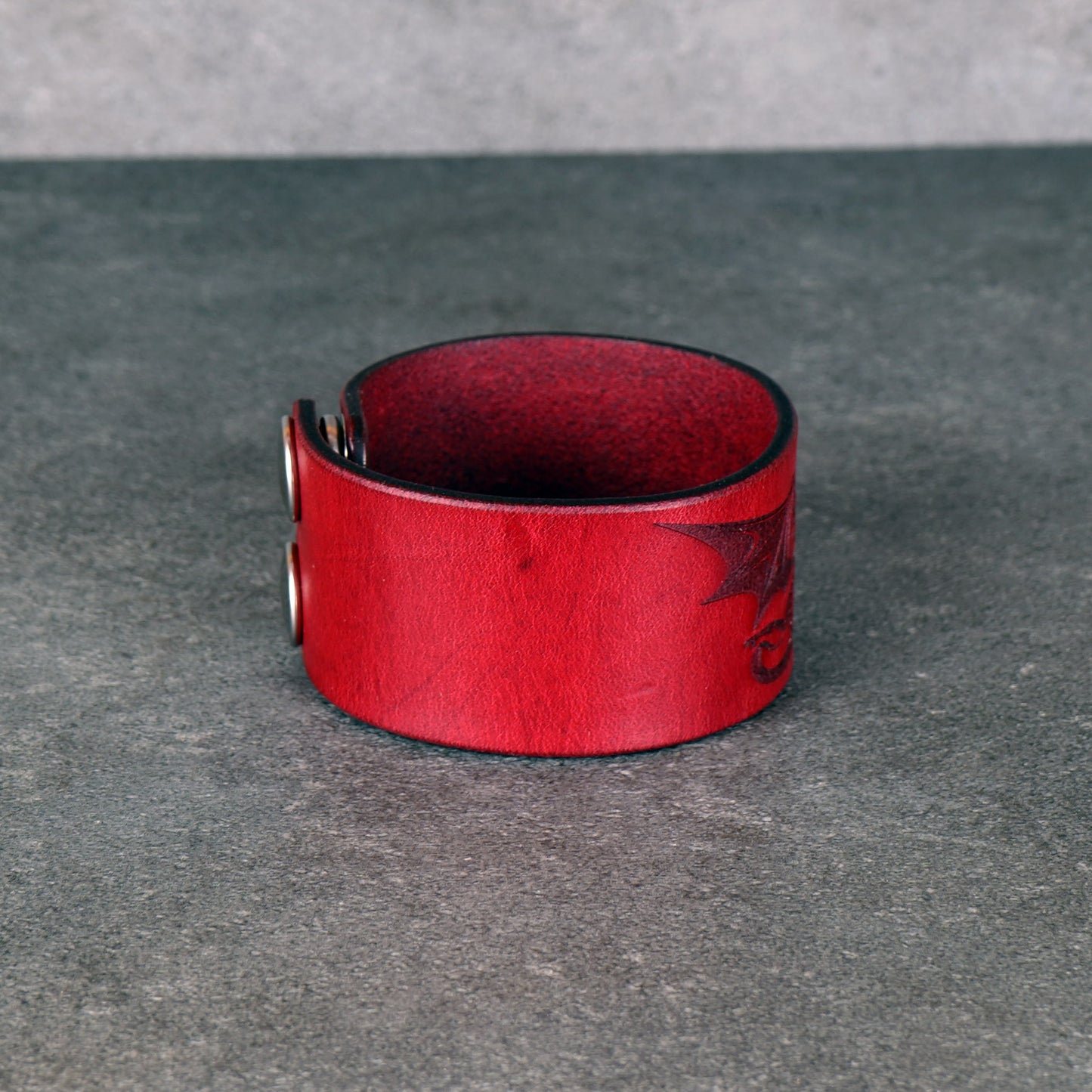 red dragon leather bracelet handmade vegetable tanned fixed size wristband