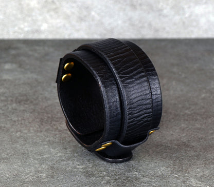 handmade black leather bracelet adjustable wrist cuff minimalist unisex design