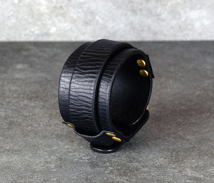 handmade black leather bracelet adjustable wrist cuff minimalist unisex design