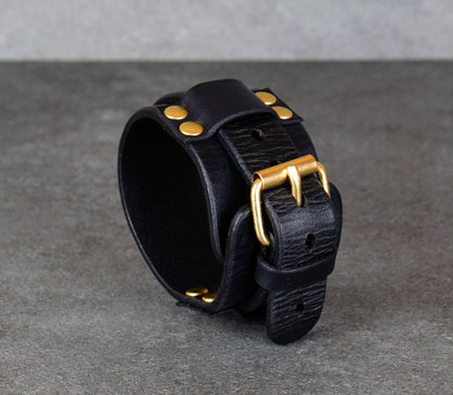 handmade black leather bracelet adjustable wrist cuff minimalist unisex design