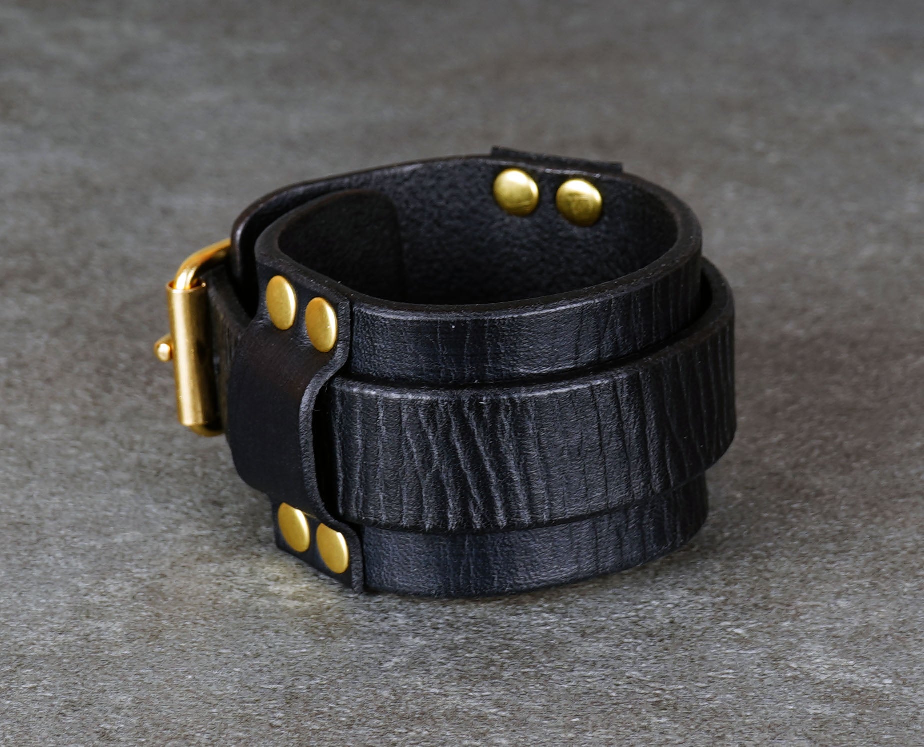 handmade black leather bracelet adjustable wrist cuff minimalist unisex design