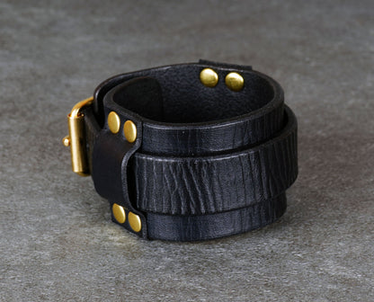 handmade black leather bracelet adjustable wrist cuff minimalist unisex design
