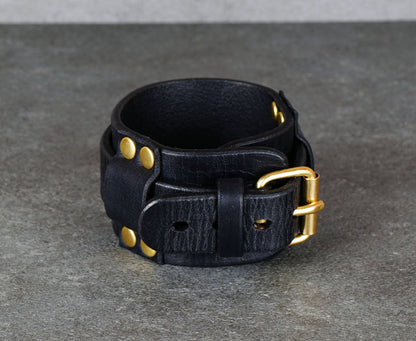 handmade black leather bracelet adjustable wrist cuff minimalist unisex design