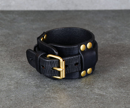 handmade black leather bracelet adjustable wrist cuff minimalist unisex design