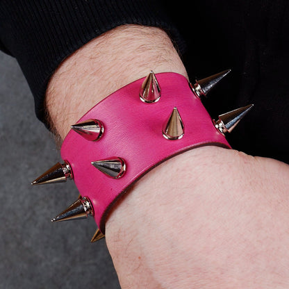 Pink studded leather bracelet made from genuine Italian leather
