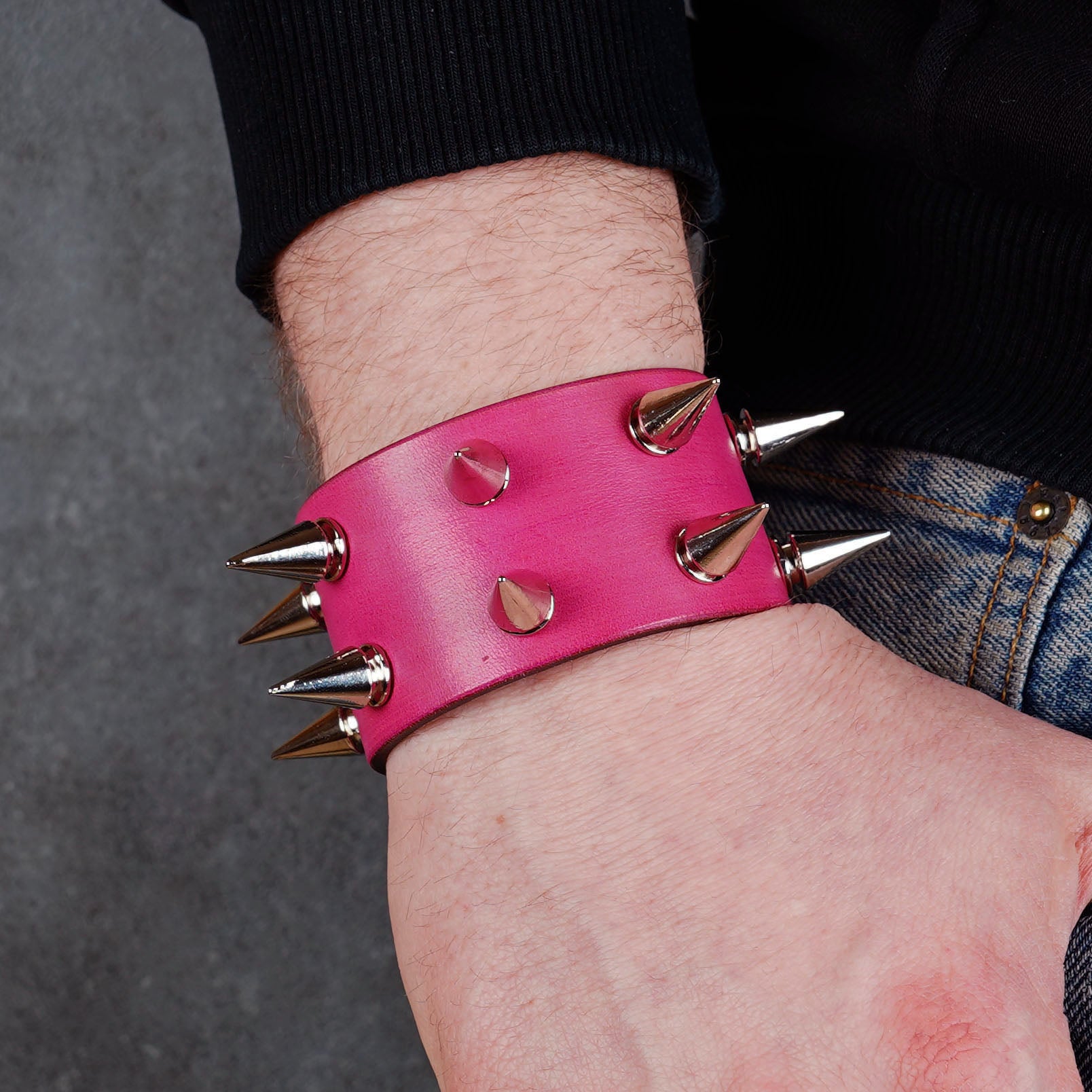 Pink studded leather bracelet made from genuine Italian leather