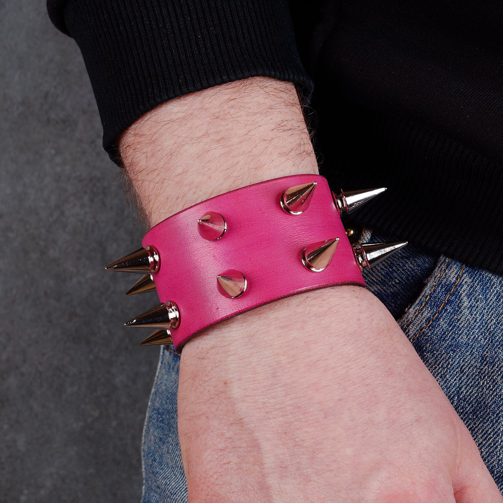 Pink studded leather bracelet made from genuine Italian leather
