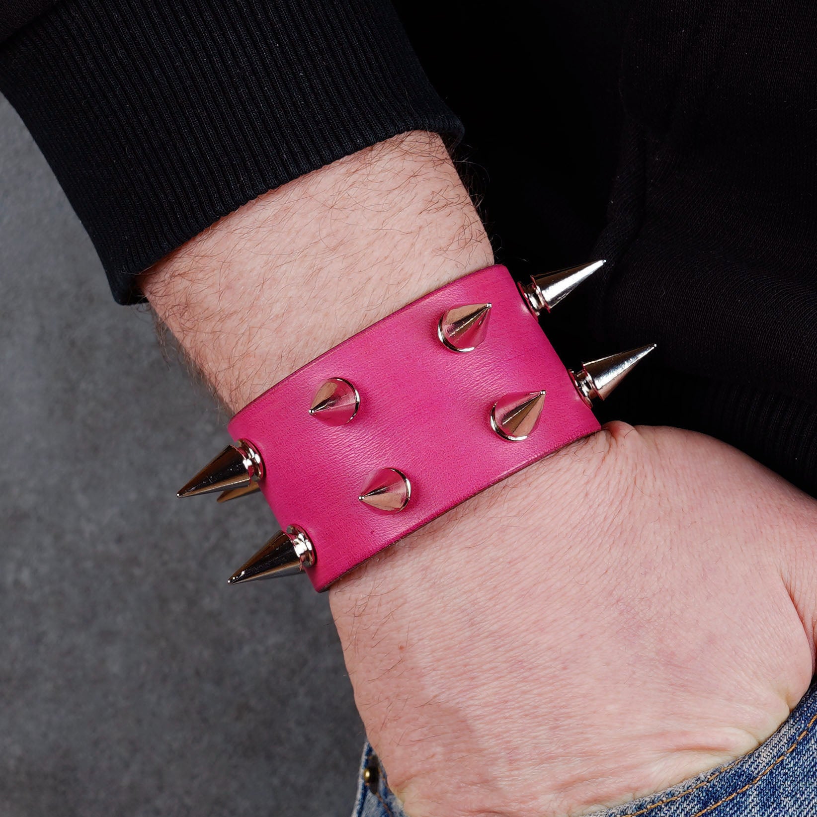 Pink studded leather bracelet made from genuine Italian leather