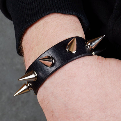 Gothic punk black leather wristband with metal spikes