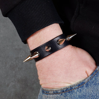 Gothic punk black leather wristband with metal spikes