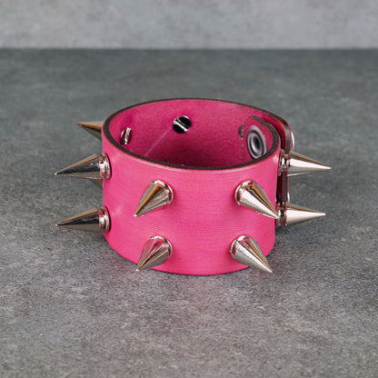 Pink studded leather bracelet made from genuine Italian leather