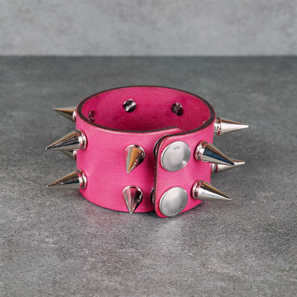 Pink studded leather bracelet made from genuine Italian leather