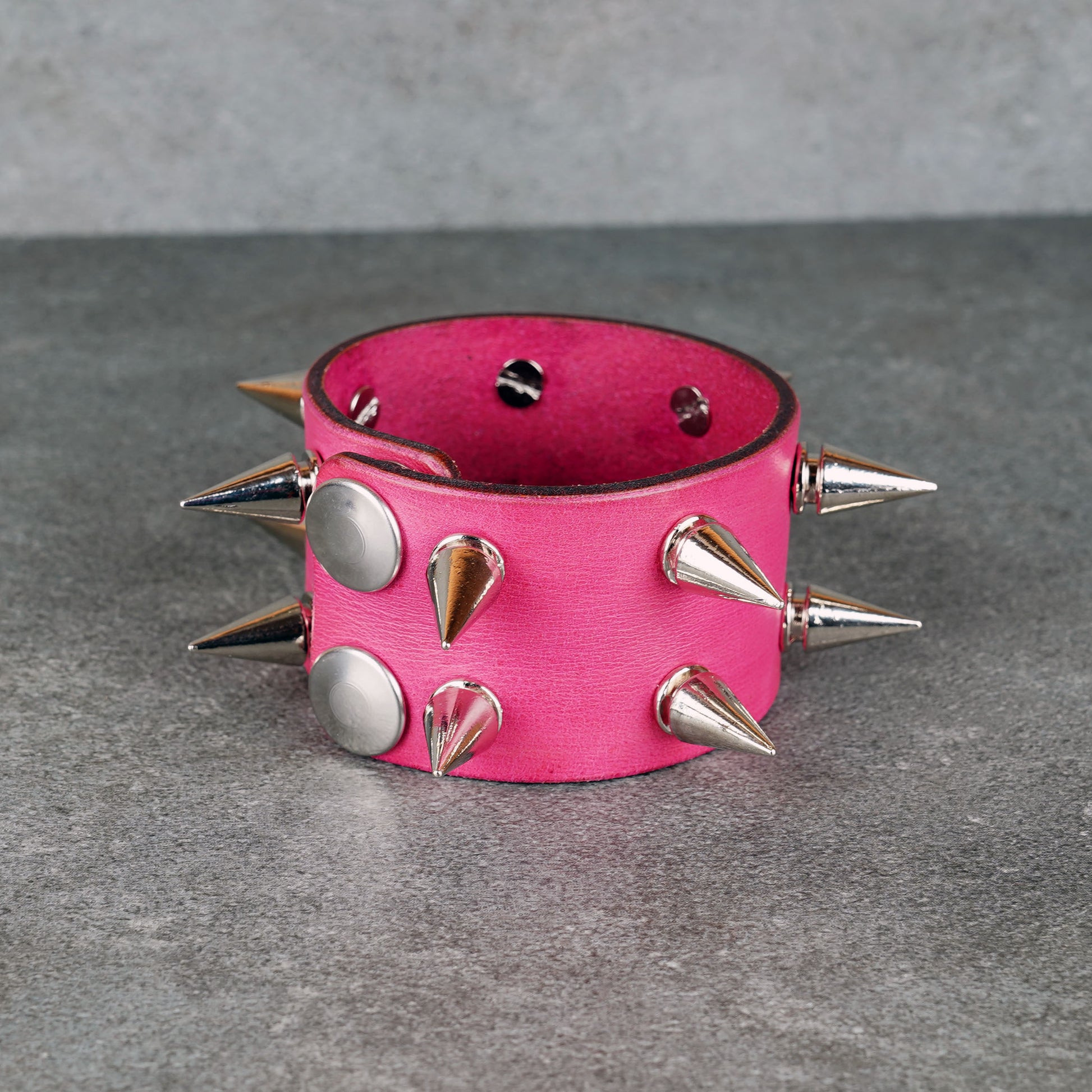 Pink studded leather bracelet made from genuine Italian leather