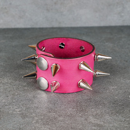 Pink studded leather bracelet made from genuine Italian leather