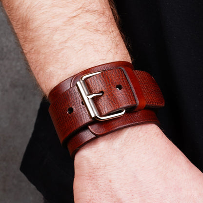 Wide brown leather cuff with buckle