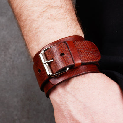 Wide brown leather cuff with buckle