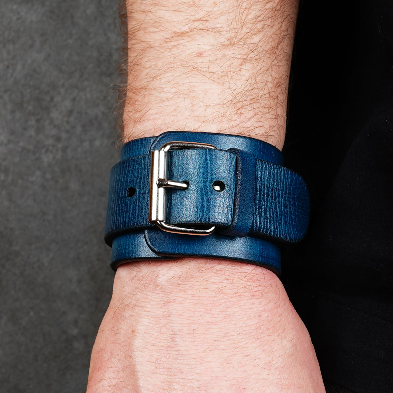 Blue leather wrist cuff bracelet with silver buckle, handmade adjustable leather wristband for men, minimalist genuine leather accessory in deep navy blue