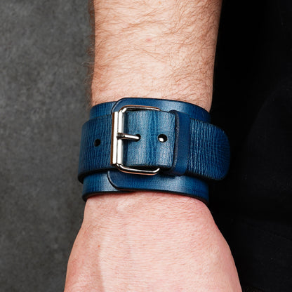 Blue leather wrist cuff bracelet with silver buckle, handmade adjustable leather wristband for men, minimalist genuine leather accessory in deep navy blue