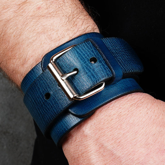 Blue leather wrist cuff bracelet with silver buckle, handmade adjustable leather wristband for men, minimalist genuine leather accessory in deep navy blue
