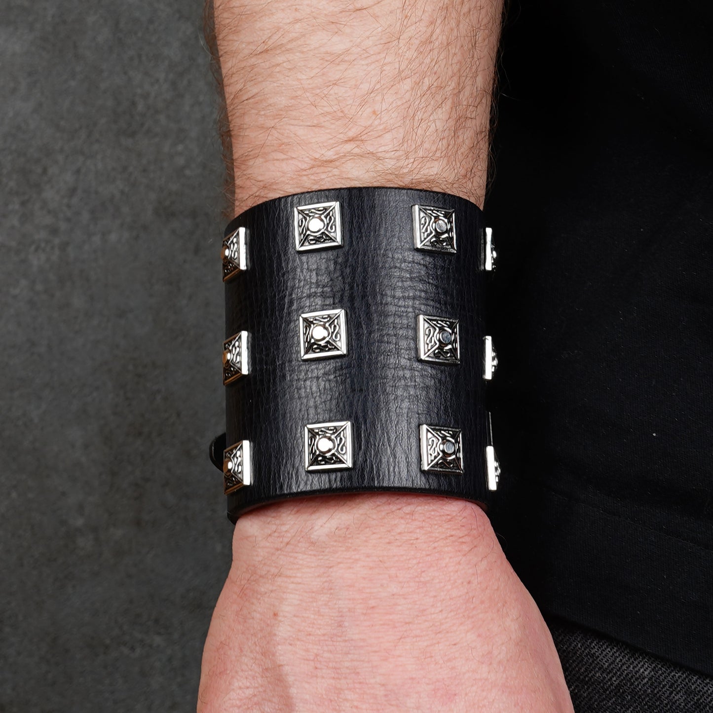 Black leather wide wrist cuff with silver studs, handmade gothic leather bracelet for men, adjustable punk style wristband with metal rivets
