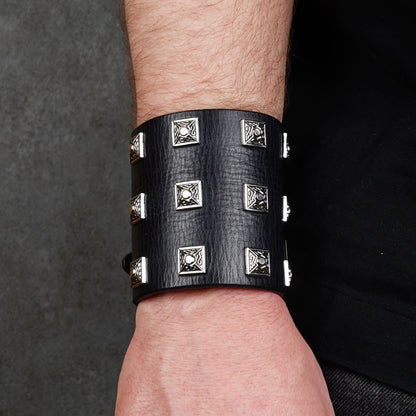 Black leather wide wrist cuff with silver studs, handmade gothic leather bracelet for men, adjustable punk style wristband with metal rivets
