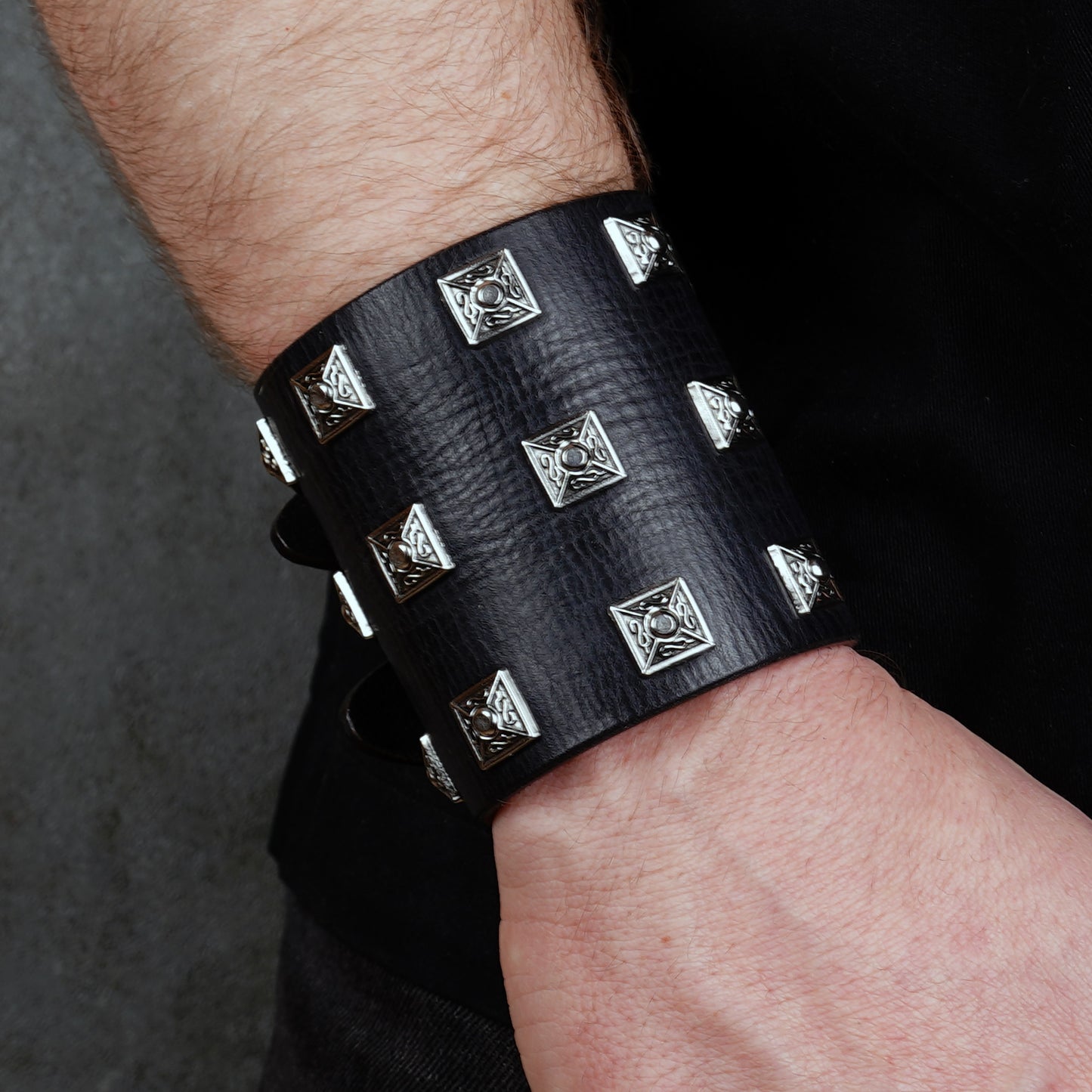 Black leather wide wrist cuff with silver studs, handmade gothic leather bracelet for men, adjustable punk style wristband with metal rivets
