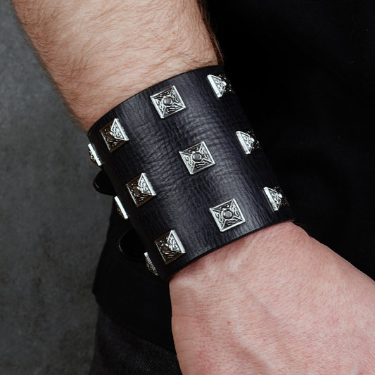 Black leather wide wrist cuff with silver studs, handmade gothic leather bracelet for men, adjustable punk style wristband with metal rivets
