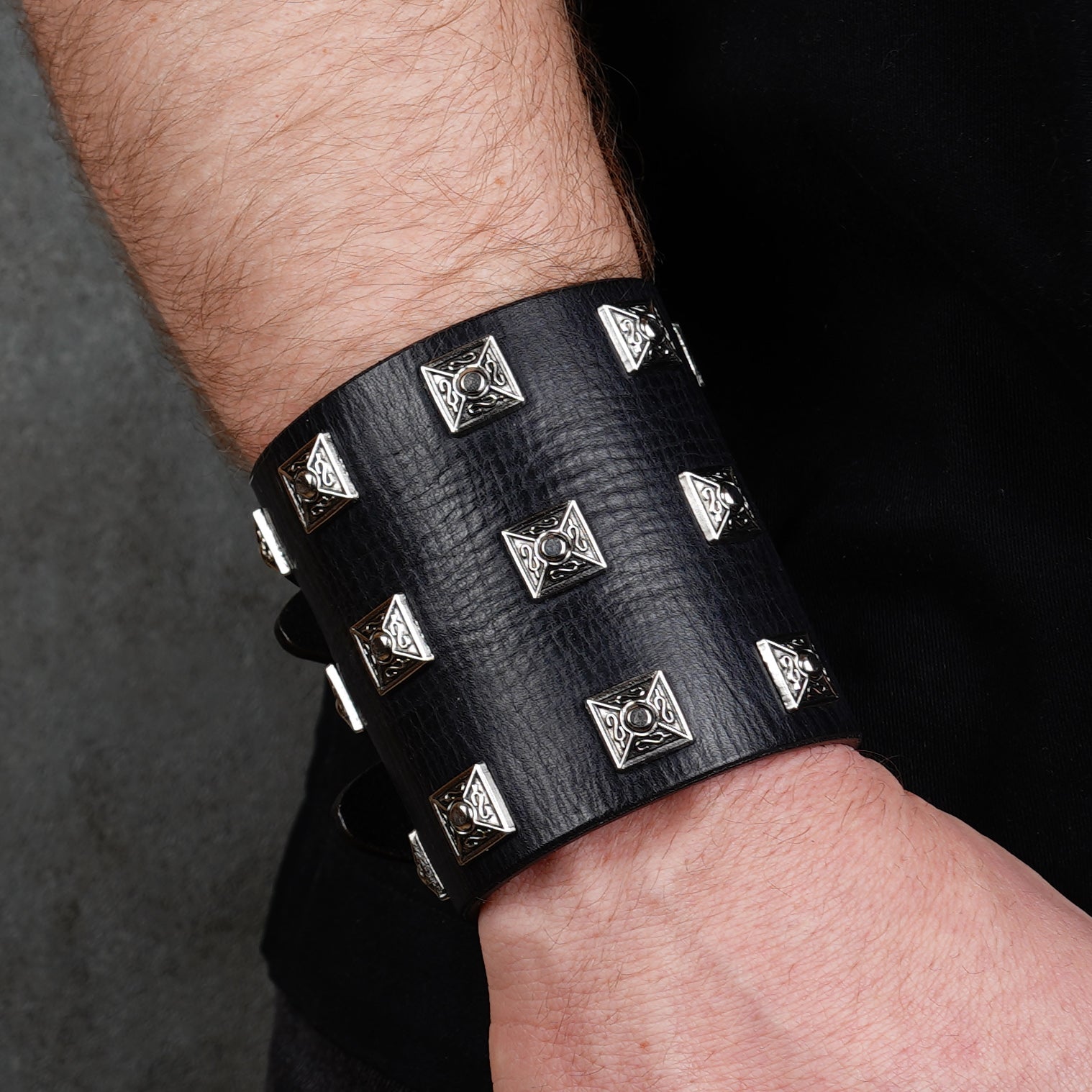 Black leather wide wrist cuff with silver studs, handmade gothic leather bracelet for men, adjustable punk style wristband with metal rivets
