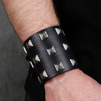 Black leather wide wrist cuff with silver studs, handmade gothic leather bracelet for men, adjustable punk style wristband with metal rivets
