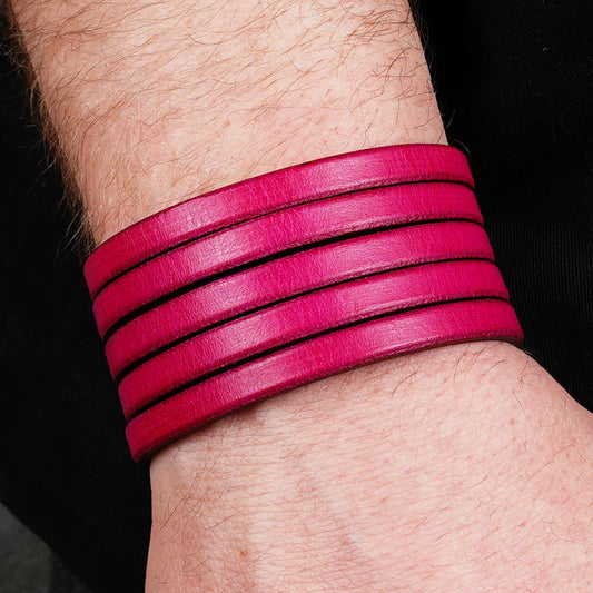 Pink leather wrap bracelet worn on wrist, handmade genuine leather cuff bracelet with layered strap design, minimalist magenta wristband for men and women
