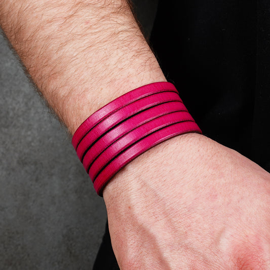 Pink leather wrap bracelet worn on wrist, handmade genuine leather cuff bracelet with layered strap design, minimalist magenta wristband for men and women
